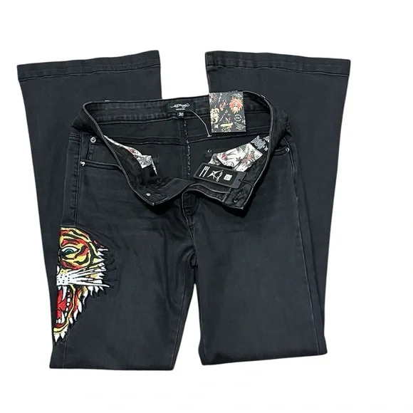 Y2K Ed Hardy Women's Biker Chic Black Denim Tiger head Slim Flare Jean Size: 30 - Picture 5 of 12